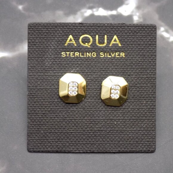 Stud Earrings Cubic Zirconia Yellow Gold over 925 Sterling Silver Minimalist - Picture 1 of 5
